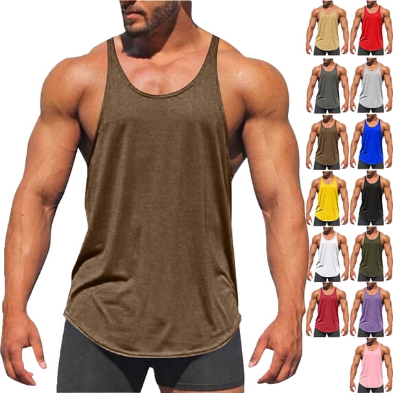 Men's Solid Color Elasticity Sports Tank Top Cotton Round Neck Y-Back Gym Workout Athletic Tank Top