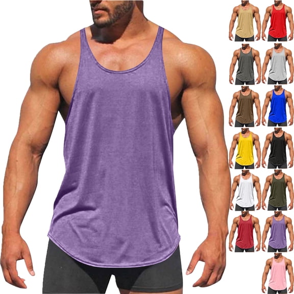 Men's Solid Color Elasticity Sports Tank Top Cotton Round Neck Y-Back Gym Workout Athletic Tank Top