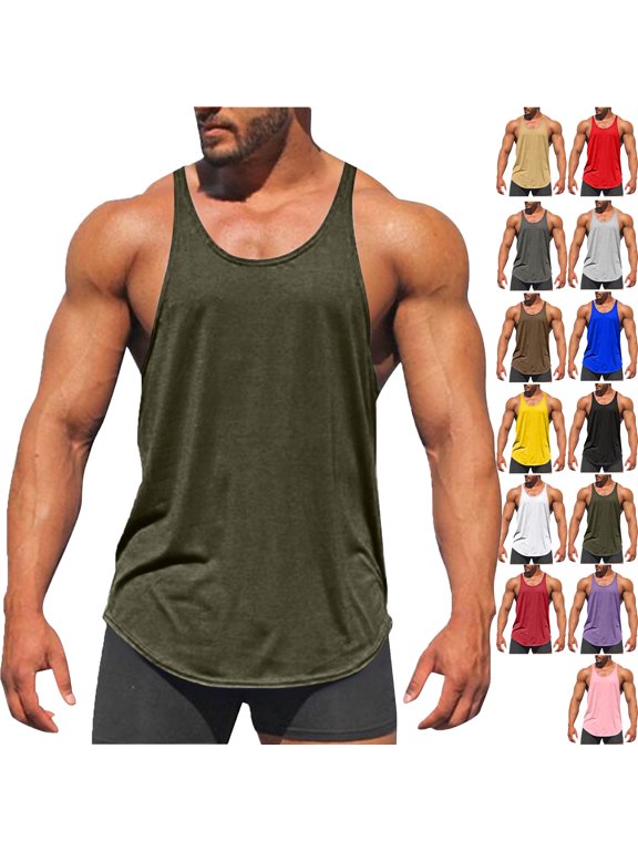Men's Solid Color Elasticity Sports Tank Top Cotton Round Neck Y-Back Gym Workout Athletic Tank Top
