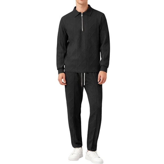 Men's Solid Color Fall Winter Leisure Flip Collar Long Sleeves POLO Sweatshirt with Straight Leg Pants Two-Piece Sports Outfit for Casual and Outdoor Use,Black,M