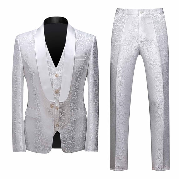 Men's Solid Color Fashion Casual Jacquard Party Suit Jacket Vest Pants Three-Piece Set Slim Fit Lightweight Blazer Wedding Tuxedo Formal
