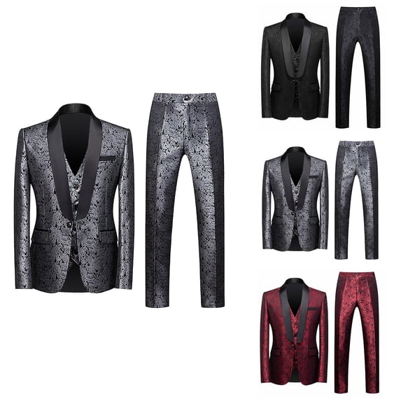 Men's Solid Color Fashion Casual Jacquard Party Suit Jacket Vest Pants Three-Piece Set Slim Fit Lightweight Blazer Wedding Tuxedo Formal