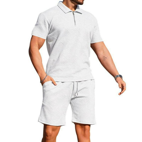 Men's Solid Color Fashion Casual Jacquard Textured Shorts Half Zip Short Sleeved Collar Shirt 2 Piece Sets for Men