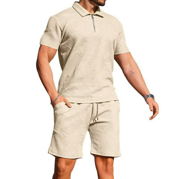 Men's Solid Color Fashion Casual Jacquard Textured Shorts Half Zip Short Sleeved Collar Shirt 2 Piece Sets for Men