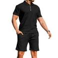 thumbnail image 1 of Men's Solid Color Fashion Casual Jacquard Textured Shorts Half Zip Short Sleeved Collar Shirt 2 Piece Sets for Men, 1 of 7