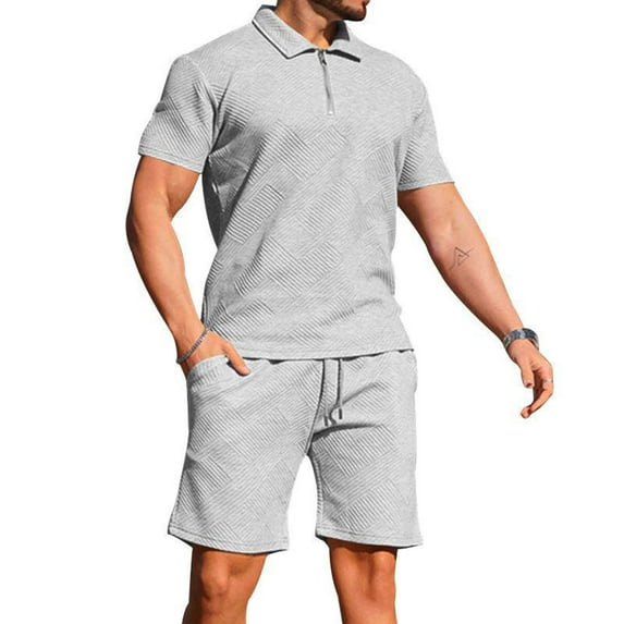 Men's Solid Color Fashion Casual Jacquard Textured Shorts Half Zip Short Sleeved Collar Shirt 2 Piece Sets for Men