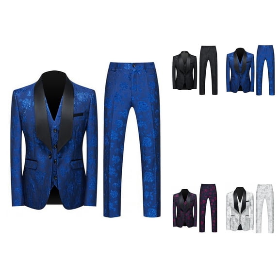 Men's Solid Color Fashion Jacquard Party Suit Jacket Vest Pants Three Piece Set Slim Fit Lightweight Wedding Tuxedo Blazer Formal Wear
