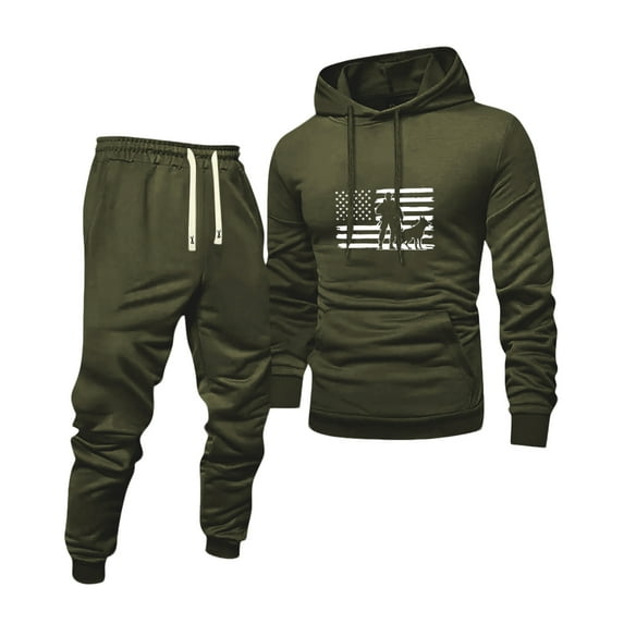 Men's Solid Color Flag Print Hooded Universal Versatile Hooded Sweatshirt Sweatpants Casual Sports Suit for Patriotic Style and Everyday Wear,Army Green,L