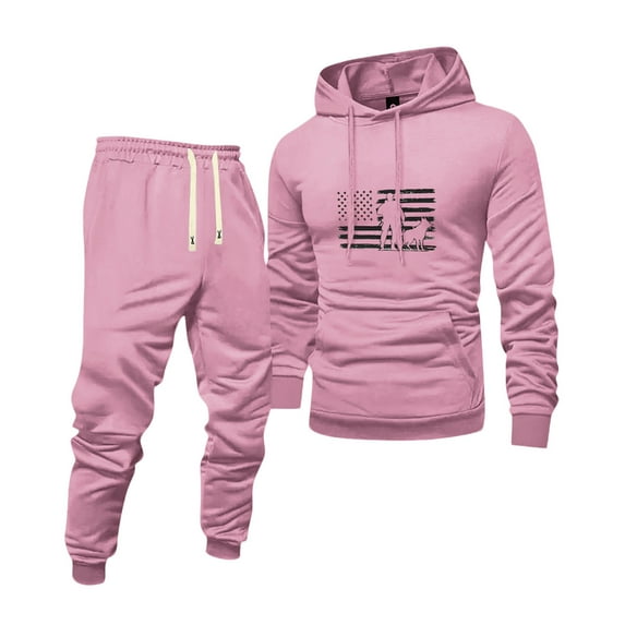 Men's Solid Color Flag Print Hooded Universal Versatile Hooded Sweatshirt Sweatpants Casual Sports Suit for Patriotic Style and Everyday Wear,Pink,L