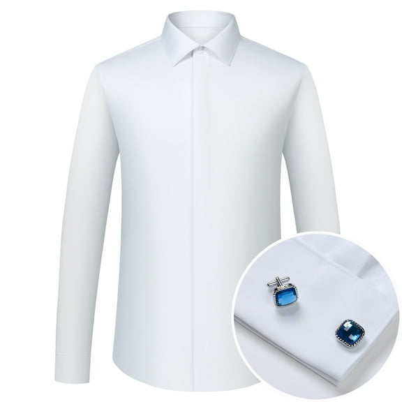 Men's Solid Color French Cuff Dress Shirt with Blue Gemstone Cufflinks