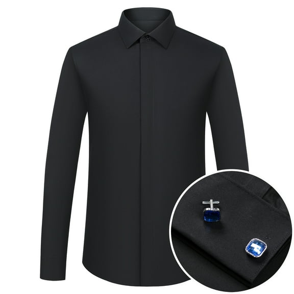 Men's Solid Color French Cuff Dress Shirt with Blue Gemstone Cufflinks