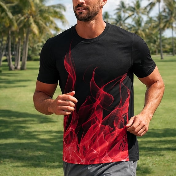 Men's Solid Color Geometric Jacquard Short Sleeve Round Neck Athletic T-Shirt, Quick-Dry Sporty Top for Training, Running, Gym Workouts and Outdoor Activities Red L