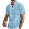 thumbnail image 1 of Men's Solid Color Henley Shirt Band Collar Button Down Short Sleeve Tee Cotton Beach Wear Tops, 1 of 7