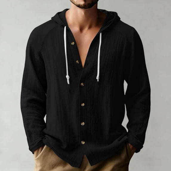 Men's Solid Color Hooded Cardigan Long Sleeve Casual Button Up Top