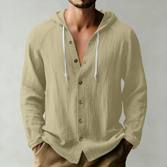 Men's Solid Color Hooded Cardigan Long Sleeve Casual Button Up Top