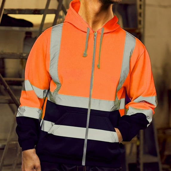 Men's Solid Color Hooded Sweatshirt Jackets with Reflective Strip Work Clothes Color Block Zipper Hoodie Coats Orange L