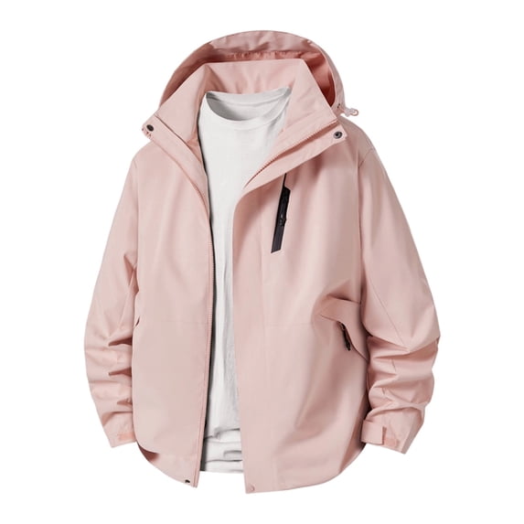 Men's Solid Color Hooded Windbreaker Jacket, Zip Front Lightweight Casual Coat with Multi Pockets, Loose Fit Outerwear Pink M(M)