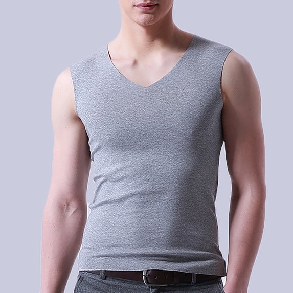 Men's Solid Color Ice Silk Seamless V Neck Sleeveless Undershirt, Slim Fit Breathable Athletic Tank Top for Summer Sports or Daily Layering, Lightweight Soft Fabric Grey L