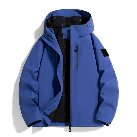 Men's Solid Color Jacket Trendy Long Sleeve Lightweight Hooded Windbreaker with Multi Pockets Fall 2025 Coat (L, Blue)