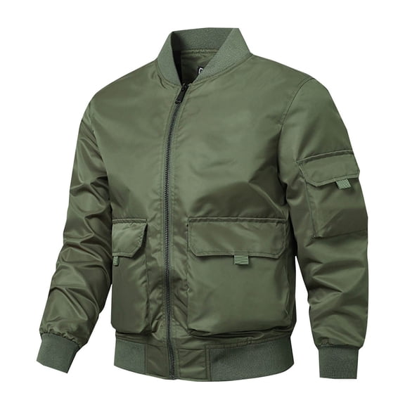 Men's Solid Color Jacket Zip-Up Stand-up Collar Long Sleeve Hoodless Coat with Multiple Pockets