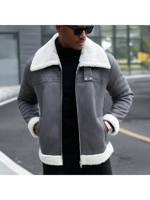 Men's Solid Color Leather Jacket With A Leather Chain And Thick Workwear Jacket Gray M