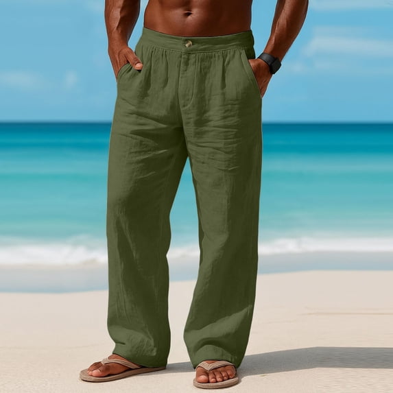 Men's Solid Color Linen Cotton Casual Pants, Lightweight Straight Leg Loose Fit Trousers with Button Waist, Summer Beach Yoga Pants with Pockets, Breathable Lounge Pants Blackish Green L