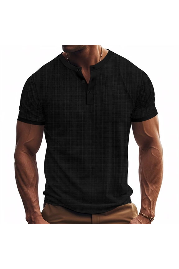 Men's Solid Color Linen Look Knit Slub T Shirt Breathable Button Up Collar Short Sleeve Black L