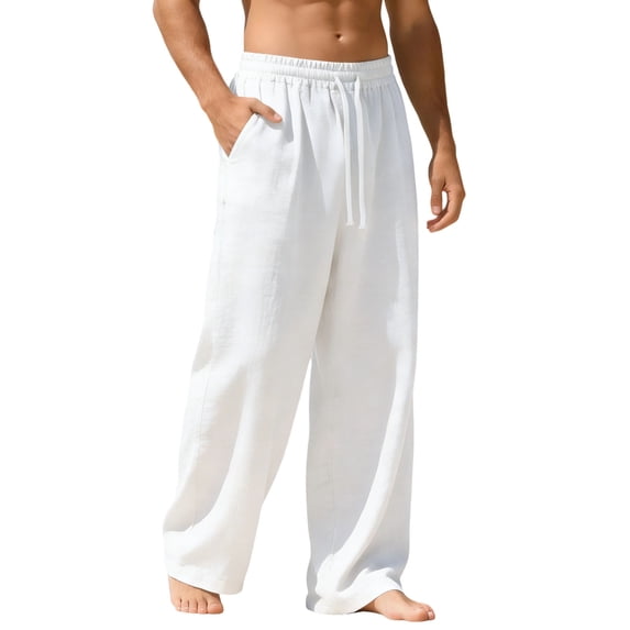 Men's Solid Color Linen Loose Casual Pocket Drawstring Elastic Waist Pants
