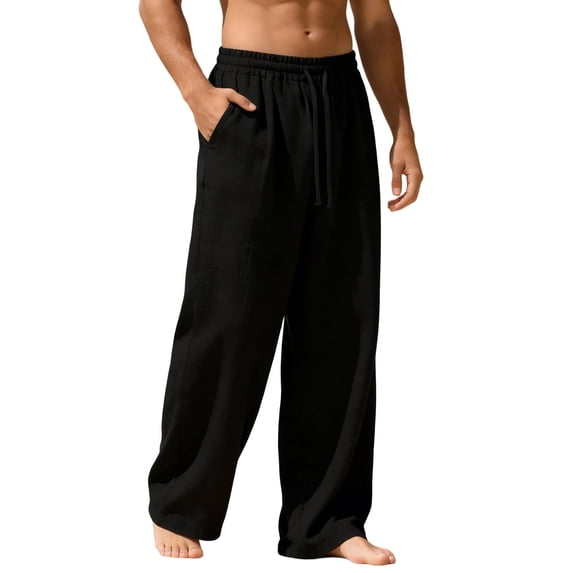 Men's Solid Color Linen Loose Casual Pocket Drawstring Elastic Waist Pants