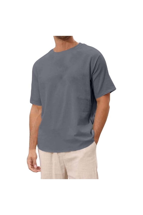 Men's Solid Color Linen T-shirt Casual Crew Neck Short Sleeve Blouse Lightweight Basic Sports Tops