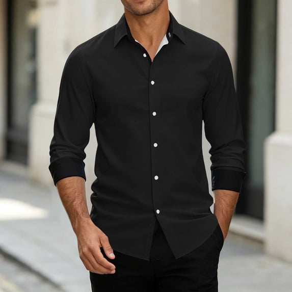 Men's Solid Color Long Sleeve Button-Down Casual Shirt Turndown Collar Fashion Top