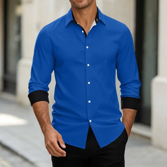 Men's Solid Color Long Sleeve Button-Down Casual Shirt Turndown Collar Fashion Top