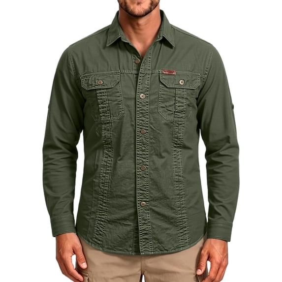 Men's Solid Color Long Sleeve Cargo Shirts Breathable Lightweight UPF 50 Sun Protection Button Down Lapel Collar Multi Pocket Tactical Tops