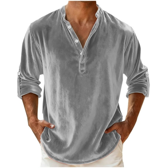 Men's Solid Color Long Sleeve Casual Shirt Button Pockets Round-Neck Top Fashion Workout Outdoor Basic Pullover Winter Clothing