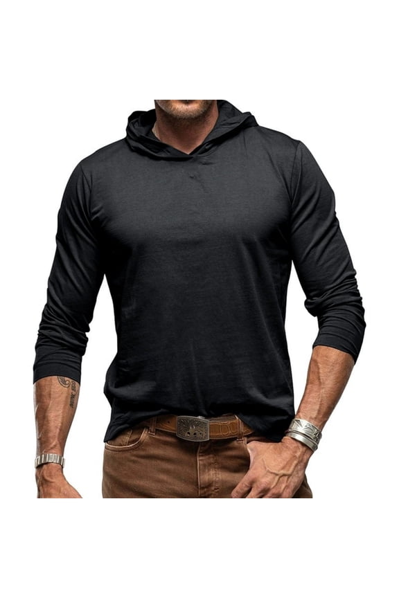 Men's Solid Color Long Sleeve Cotton Hooded Base Layer - Outdoor Top for Men, Lightweight Thermal Shirt, Comfortable Fit, Ideal for Layering,Black,XL