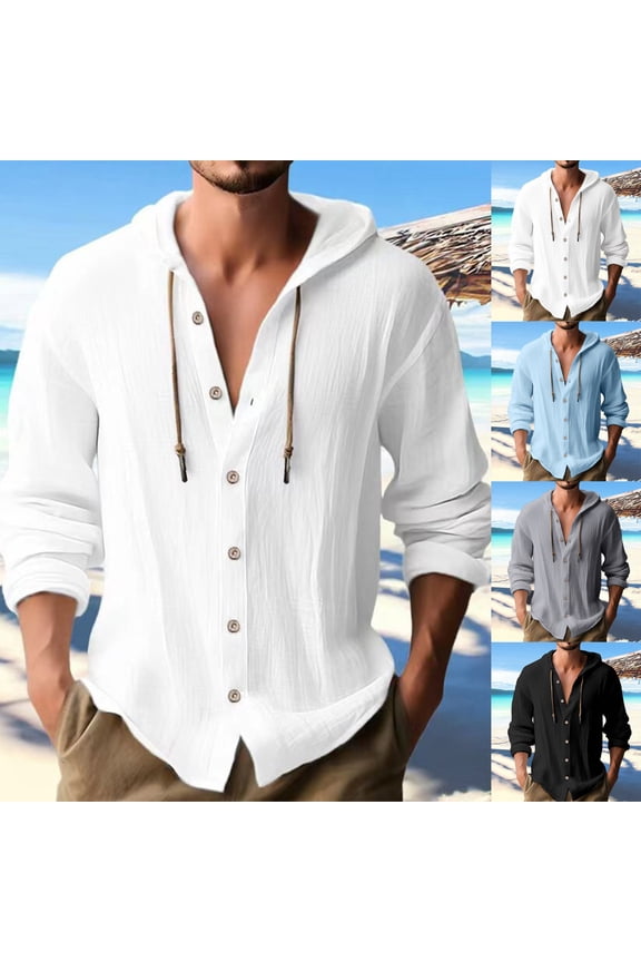 Men's Solid Color Long Sleeve Cotton Linen Hooded Sweater, Casual Pullover for Fall Winter, Breathable Comfort,Black,L