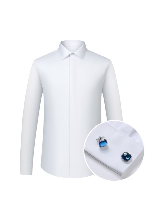 Men's Solid Color Long Sleeve Fly Front Placket French Cuff Dress Shirts Formal Business Activities Includes Blue Gemstone Cufflinks