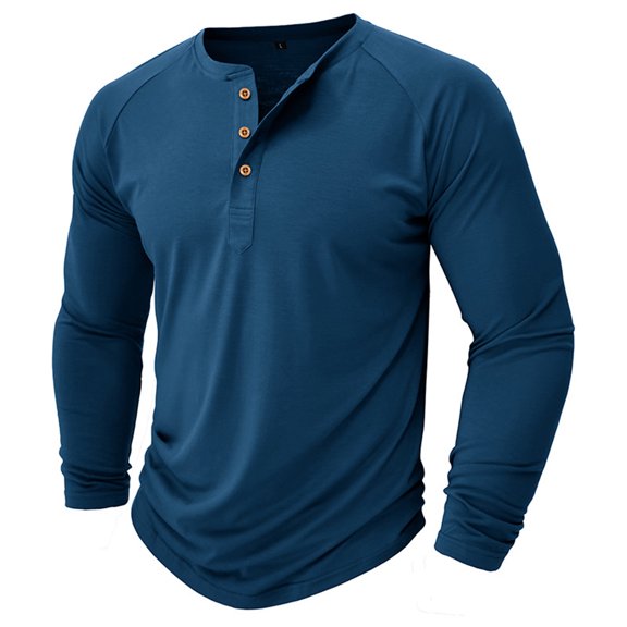 Men's Solid Color Long Sleeve Henley Top, Casual Raglan Sleeve Shirt, Comfortable Breathable Stretch Fabric, Versatile Pullover for Daily Wear, Street Style Fashion,Dark Blue,L