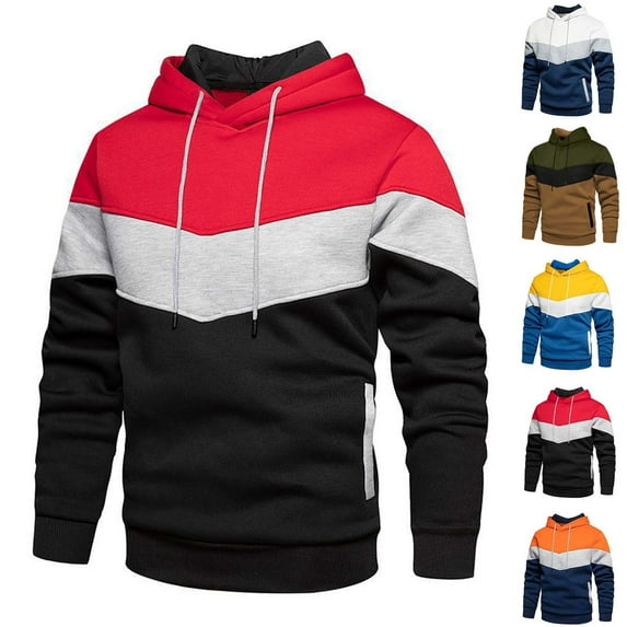Men's Solid Color Long Sleeve Hooded Tricolor Patchwork Cardigan Loose Casual Sports Zipper Hoodie Coat Red Deals, M