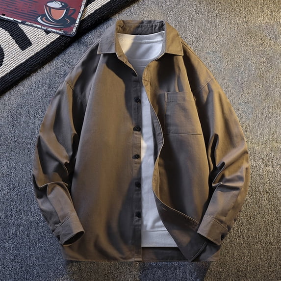 Men's Solid Color Long Sleeve Jacket with Turn-Down Collar and Button Closure, Casual Outerwear Featuring Pockets, Made of 100% Polyester for Daily Comfort and Versatile Style