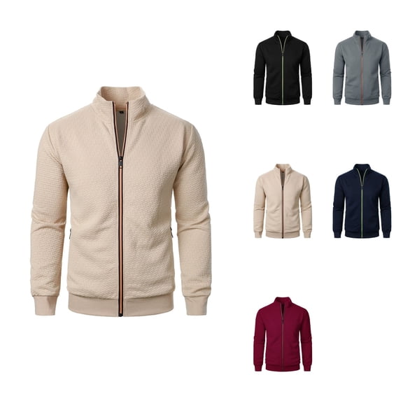 Men's Solid Color Long Sleeve Zipper Jacket – Autumn Winter Hoodless Sweatshirt with Square Plaid Design