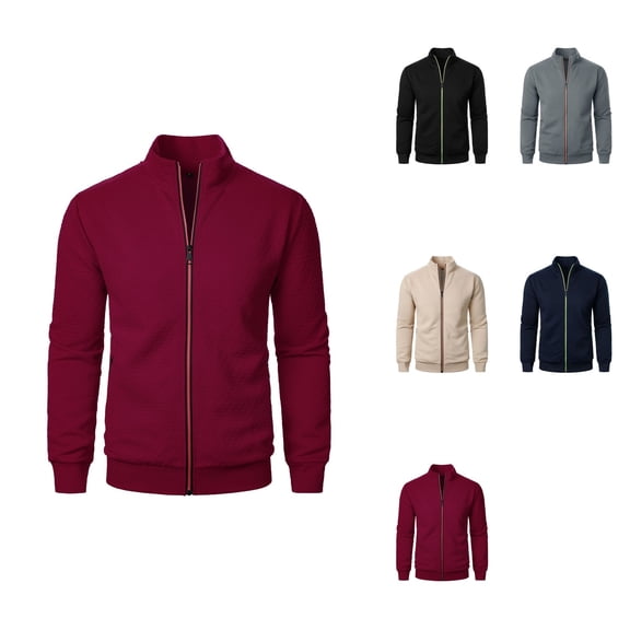 Men's Solid Color Long Sleeve Zipper Jacket – Autumn Winter Hoodless Sweatshirt with Square Plaid Design