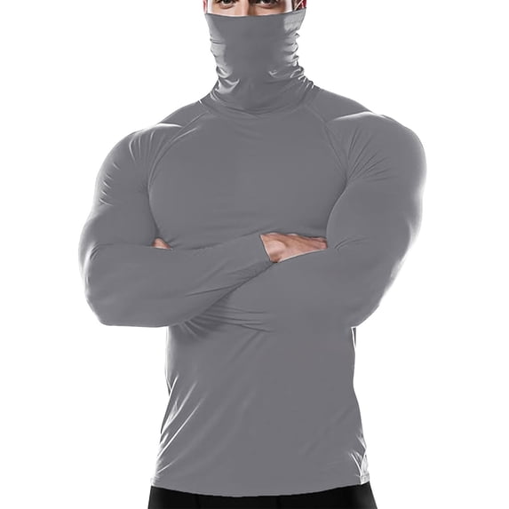 Men's Solid Color Long Sleeved High Tie Mask Base Shirt Warm Fitness High Elasticity Sports Top