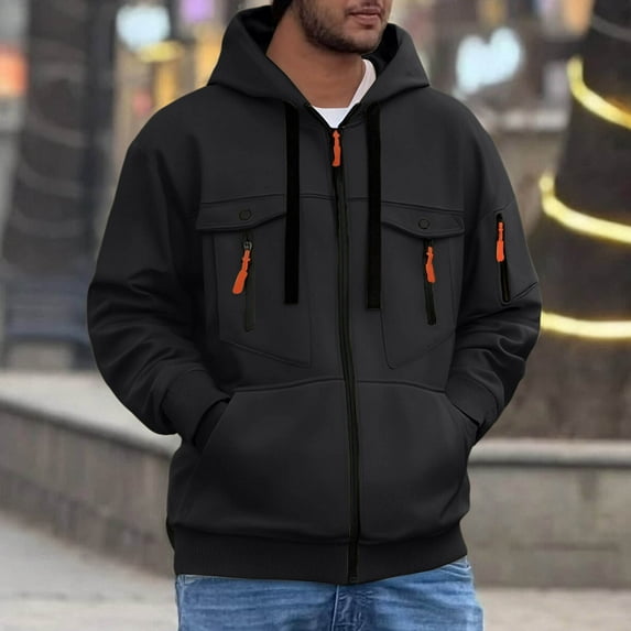 Men's Solid Color Long Sleeved Hooded Zipper Cardigan With Multiple Pockets Hoodie Top
