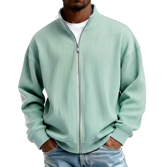 Men's Solid Color Loose Casual Stand Collar Full Zip Long Sleeve Shirt For Comfort