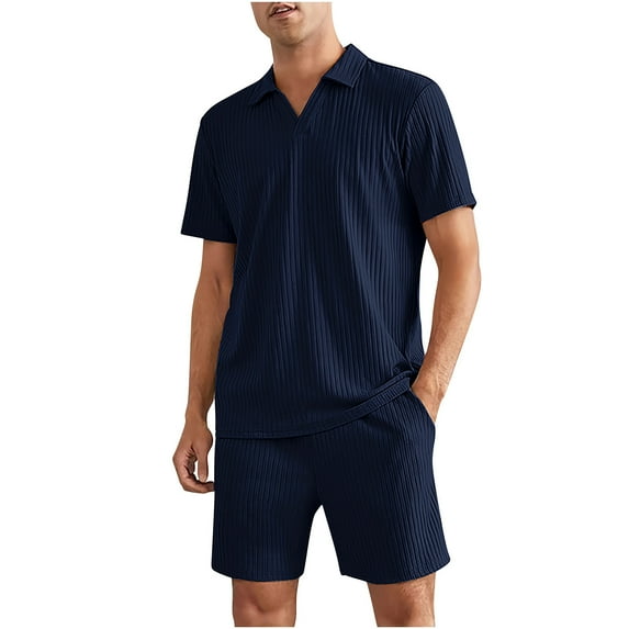 Men's Solid Color Lounge Sets 2Pcs Sweatsuit Fall Lightweight Comfyfit Workout Activewear Knitted Loose Loungewear Elastic Waist Shorts Pockets Casual Clothing For Male Navy Xl