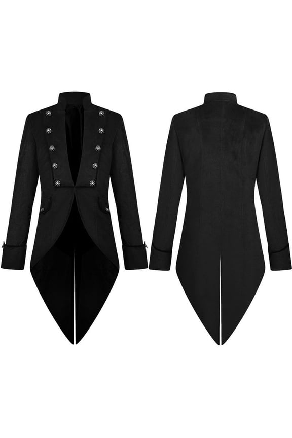 Men's Solid Color Medieval Halloween Stand Collar Double Breasted Role Play Tailcoat Long Sleeve Jacket Black XL