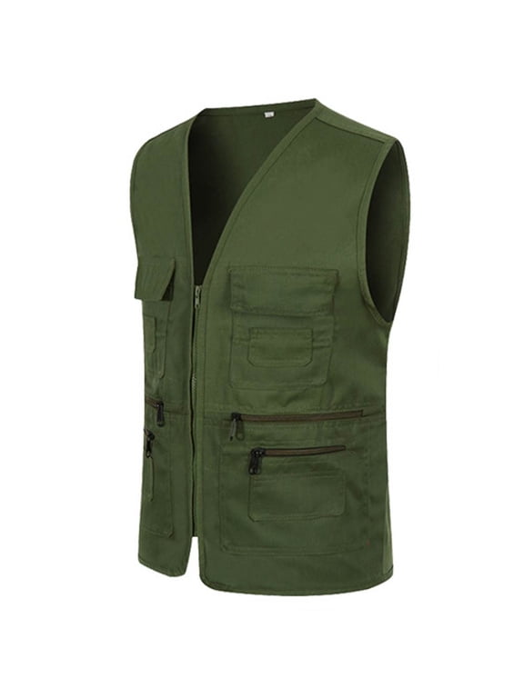 Men's Solid Color Multi Pocket Sleeveless Zip Up Cargo Jacket, V Neck Utility Vest with Zipper Jacket, Casual Outerwear for Work or Outdoor, Lightweight and Breathable Army Green XXXL