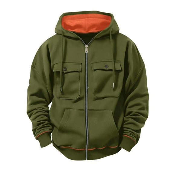 Men's Solid Color Multi Pocket Zipper Cardigan Long Sleeved Hooded Sweatshirt Jacket,Mens Hoody Oversized Hoodie Sweatshirts for Men Fall Clothes