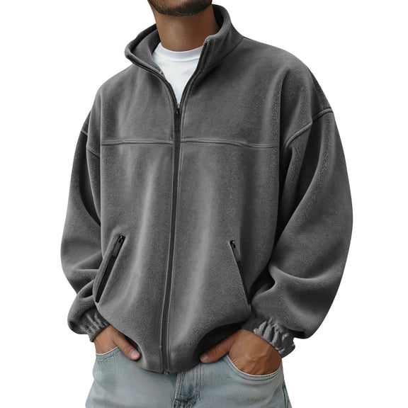 Men's Solid Color Outdoor Jacket - Zipper Stand-Up Collar, Casual Sports Fleece Style, Dark Gray, M